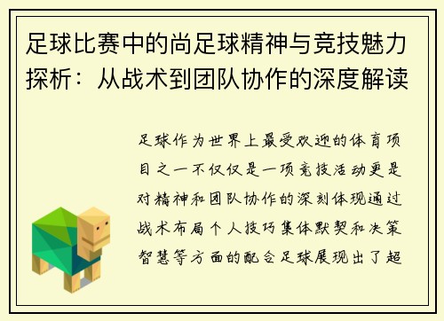 足球比赛中的尚足球精神与竞技魅力探析：从战术到团队协作的深度解读