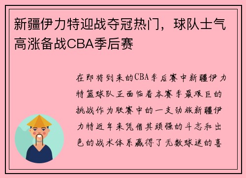 新疆伊力特迎战夺冠热门，球队士气高涨备战CBA季后赛