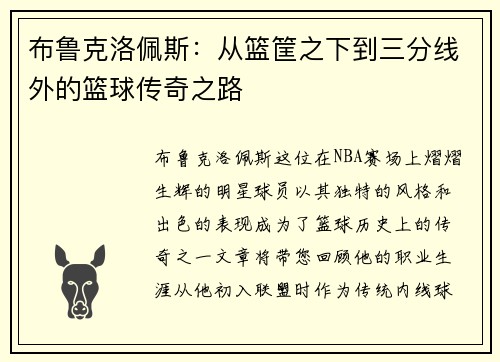 布鲁克洛佩斯：从篮筐之下到三分线外的篮球传奇之路