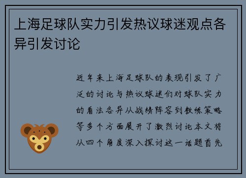 上海足球队实力引发热议球迷观点各异引发讨论